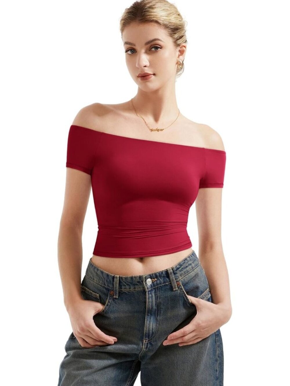 Women's Wine Red Off The Shoulder Double Lined Slim Fit Imported Tops Shirts